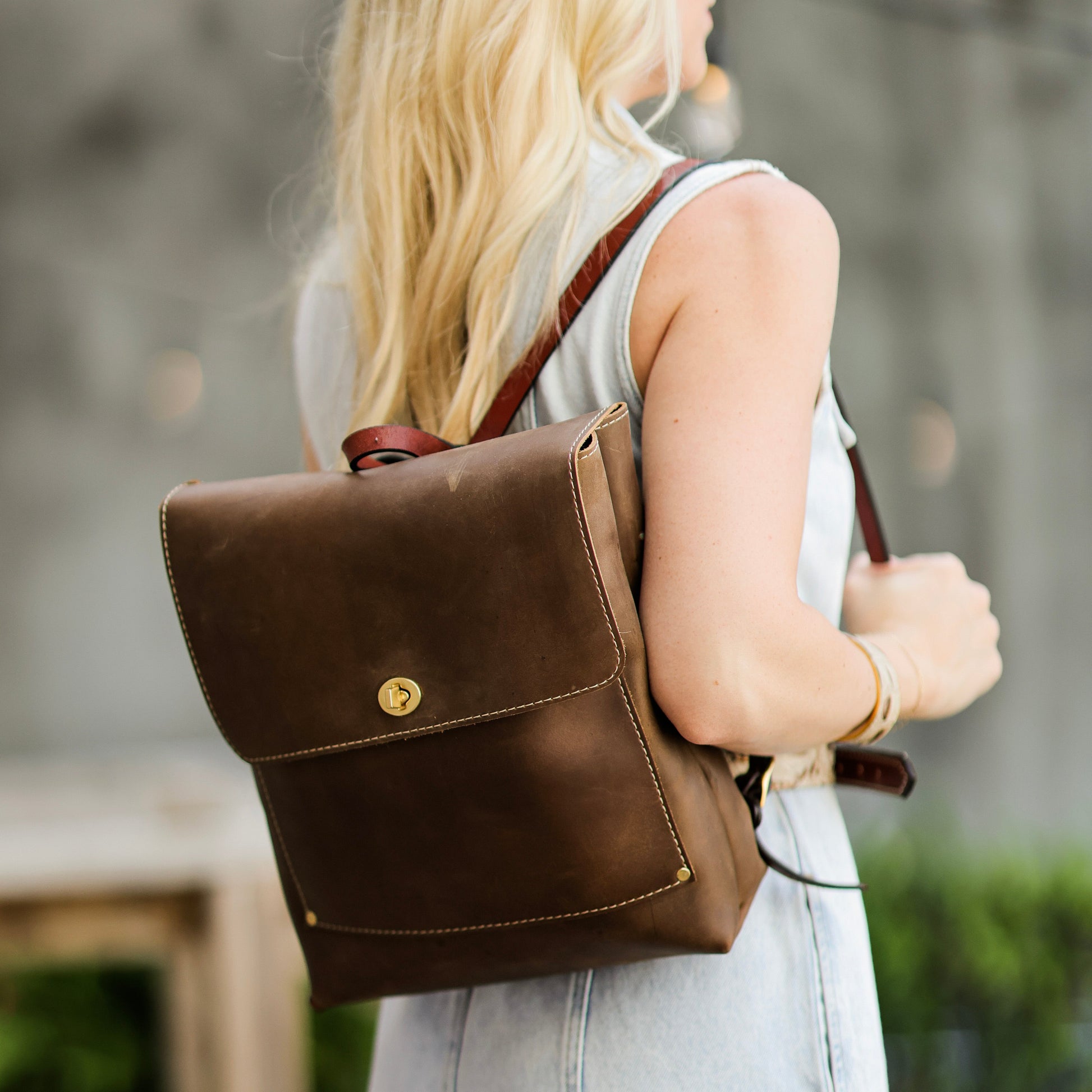 brown leather small backpack Small Square Leather Backpack White and Gold