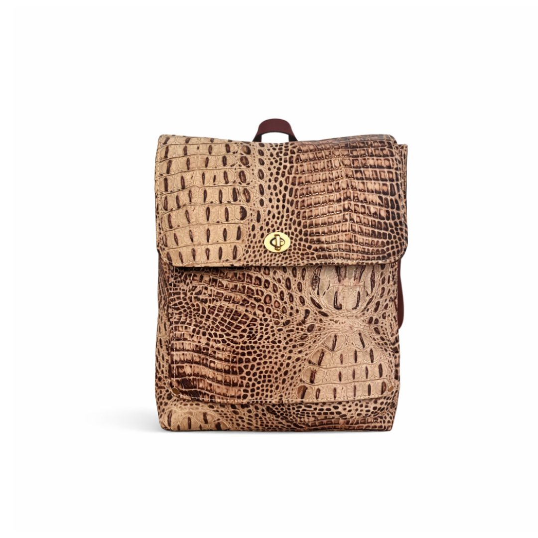 cooper faux crocodile embossed leather backpack Small Square Leather Backpack Cream and Copper